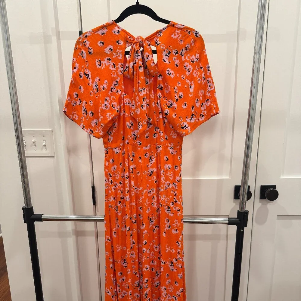 Whistles Vibrant Orange Floral Print Midi Dress, Size 2